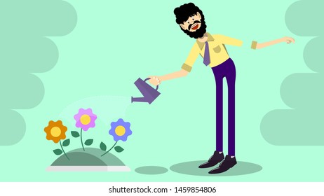 bearded office worker is watering a flower bed. flat character design. bright colorful multicolor wallpaper. vector image.