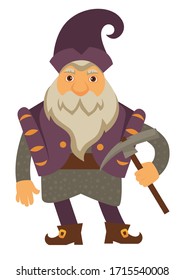 Bearded old gnome holding pickaxe in hand, isolated fairytale personage of legends. Male character with instrument tool for mining, dwarf wearing fancy costume and boots. Vector in flat style