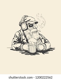 Bearded Old Man In A Bar Listening To Music And Drink Beer. Cartoon Character. Vector Illustration.