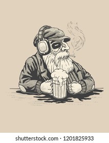 Bearded Old Man In A Bar Listening To Music And Drink Beer. Cartoon Character. Vector Illustration.