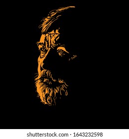 Bearded Old Man portrait silhouette in contrast backlight. Vector. Illustration.