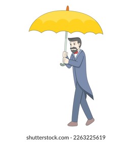 a bearded old man walked with an umbrella. vector design illustration art