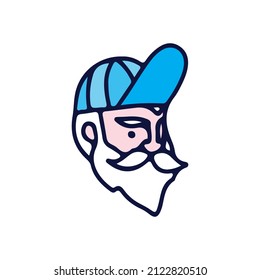 Bearded old man wearing snap back hat, illustration for t-shirt, sticker, or apparel merchandise. With doodle, soft pop, and cartoon style.