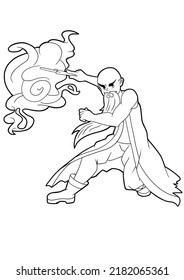 Bearded old man wizard robber stands in a fighting pose holding a magic wand in his hand from which magic escapes, he is dressed in a shabby old robe coloring outline