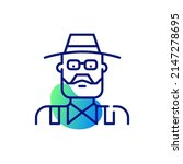 Bearded older man. Farmer in a hat and overall. Pixel perfect, editable stroke fun line art icon
