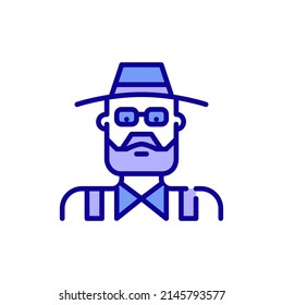 Bearded older man. Farmer in a hat and overall. Pixel perfect, editable stroke color icon
