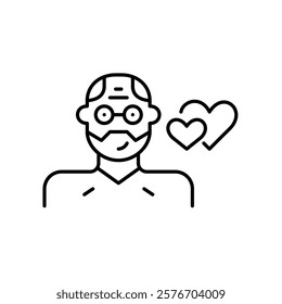 Bearded older man wearing glasses and two hearts intertwined. Celebrating senior love. Pixel perfect vector icon