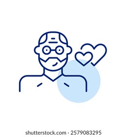 Bearded older man wearing glasses and two hearts intertwined. Celebrating senior love. Pixel perfect, editable stroke icon