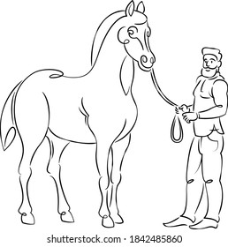 Bearded oriental man holding reins of arabian horse at horse races. Equestrian sport concept. Continuous single line.Flat sketch line design style minimal artline ink  illustration.