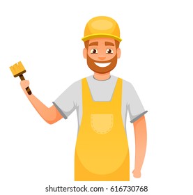 Bearded painter worker, in uniform holding paint brush. vector illustration. isolated on white