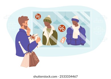 Bearded pensive man with gift packages looks at store window with mannequins in winter male clothing. Holiday sale, buyer concept, shopping for gifts and seasonal clothes. Vector illustration