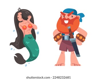 Bearded Pirate or Buccaneer with Saber and Mermaid with Fish Tail Vector Set