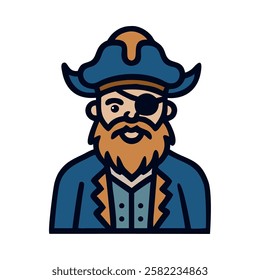 Bearded pirate captain with hat and coat isolated vector illustration