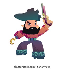 Bearded pirate with hook and flintlock pistol. Cartoon style vector illustration isolated on white.