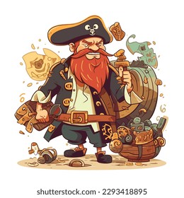 A bearded pirate with looted treasure. The adventure of the corsairs. Cartoon vector illustration. label, sticker, t-shirt printing