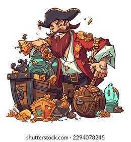 A bearded pirate with looted treasure. The adventure of the corsairs. Cartoon vector illustration. label, sticker, t-shirt printing