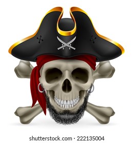 Bearded pirate skull in red bandana and cocked hat with crossed bones