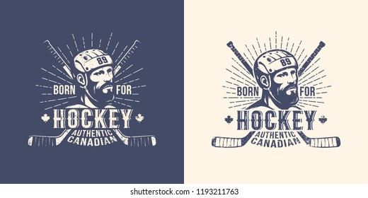 Bearded player in helmet on retro hockey emblem with crossed sticks.