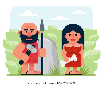 Bearded prehistoric male hunter with spear and hammer and woman with bone standing near rock and bushes in nature cartoon flat vector illustration.
