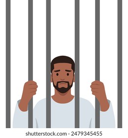 Bearded prisoner in orange suit behind bars of a prison cell. Flat vector illustration isolated on white background