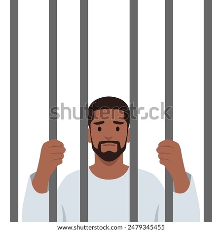 Bearded prisoner in orange suit behind bars of a prison cell. Flat vector illustration isolated on white background