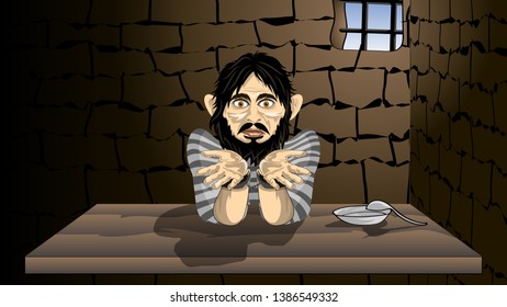 a bearded prisoner in a striped robe and handcuffed sadly sitting at a table under a barred window. author's drawing. vector