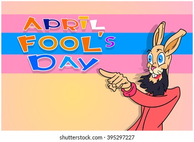 Bearded Rabbit Point Finger At Fool Day April Holiday Greeting Card Banner Vector Illustration