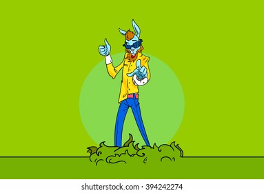 Bearded Rabbit Point Finger At You Hipster Animal Thumb Up Flat Vector Illustration