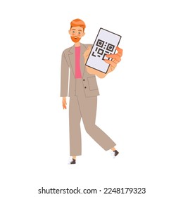 Bearded Redhead Man Showing QR Code on His Smartphone Vector Illustration