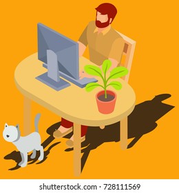 Bearded red-head man working on computer while sitting at desk with  flowerpot and walking around cat isometric 3d vector illustration. Male user browsing Internet at home, buying goods. study online