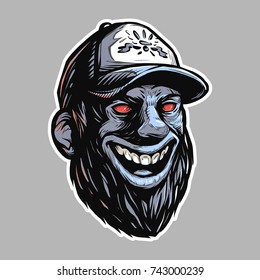 Bearded rednecks head with red evil eyes. Vector illustration