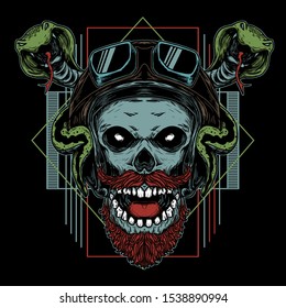 bearded rider skull and snake illustration with sacred geometry