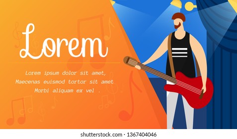 Bearded Rock Guitarist with Red Electric Guitar on Stage with Backstage and Spotlights. Man Instrumentalist Prepare for Performance. Horizontal Banner with Copy Space. Cartoon Flat Vector Illustration
