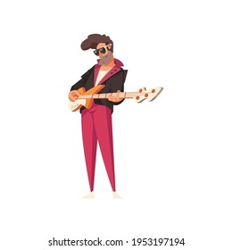 Bearded rock musician playing guitar flat icon vector illustration