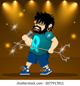 A bearded rock vocalist with a microphone on the stage illuminated by spotlights. A beautiful illustration for blogs, postcards, posters and your other projects. Vector. 