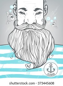 The bearded sailor in the striped vest. A sailor with a beard and fish.