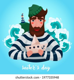 a bearded sailor in a vest holds a paper boat in his hands. on the background of turquoise waves and a lighthouse on a hill.