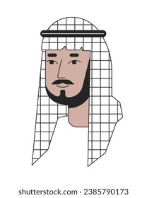 Bearded saudi man wearing keffiyeh 2D linear cartoon character head. Middle eastern male shemagh isolated line vector person face white background. Traditional arab man color flat spot illustration