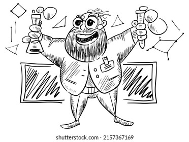 Bearded scientist sketch in glasses on a white background. Illustration with a mad chemist holding reagent flasks. Cheerful chemistry teacher character in linear style. Professor vector illustration.