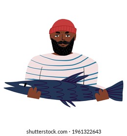 Bearded seaman in striped vest shows a take, a huge fish. World fisheries day card design. Cartoon vector isolated illustration.