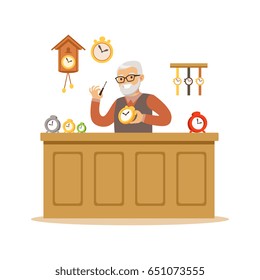 Bearded senior man repairing watches, watchmaker craft hobby or profession colorful character vector Illustration