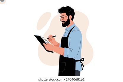 Trabalhador de serviço barbudo em um avental escrevendo em uma área de transferência, ilustração vetor plana isolado no branco.
