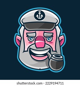 Bearded ship captain or skipper with a pipe and peaked cap for marine nautical logo design for sailor