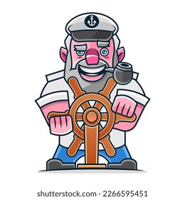 Bearded ship captain or skipper with a pipe and peaked cap for marine nautical logo design for sailor