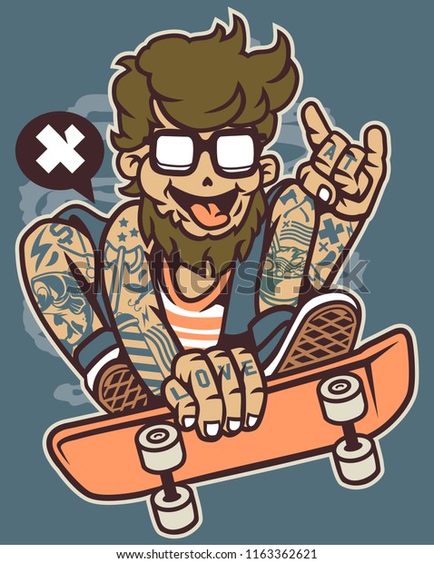 Bearded Skater Cartoon Character : image vectorielle de stock (libre de