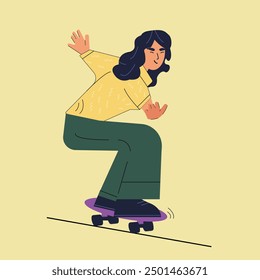 Bearded skater rides fast on board. Happy man skating on longboard and listens to music with headphones. Person does sports tricks, stunts with skateboard. Flat isolated vector illustration on white