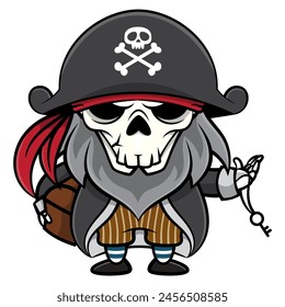 Esqueleto barbudo con bandana, gorra pirata y uniforme marinero. Llevando un cofre del tesoro y la llave. Ideal para pegatinas, logotipos y mascotas con temas de seguridad