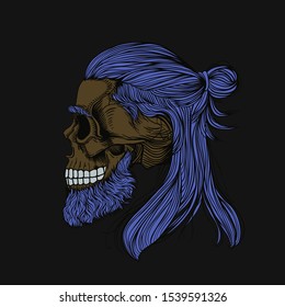 Bearded skul with long blue hair wrapped in a bun. Stylish men's hairstyle  and beard, profile view. Picture for halloween, barbershop and clothes.