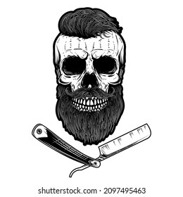 Bearded skull with barber razor. Design element for logo, label, sign, emblem. Vector illustration