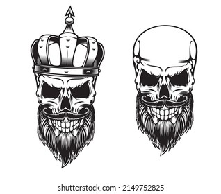 Bearded skull in crown, tattoo of vector dead king skeleton head with black beard and mustache, evil smile and medieval royal crown. Isolated monochrome crowned human skull t-shirt print or tattoo